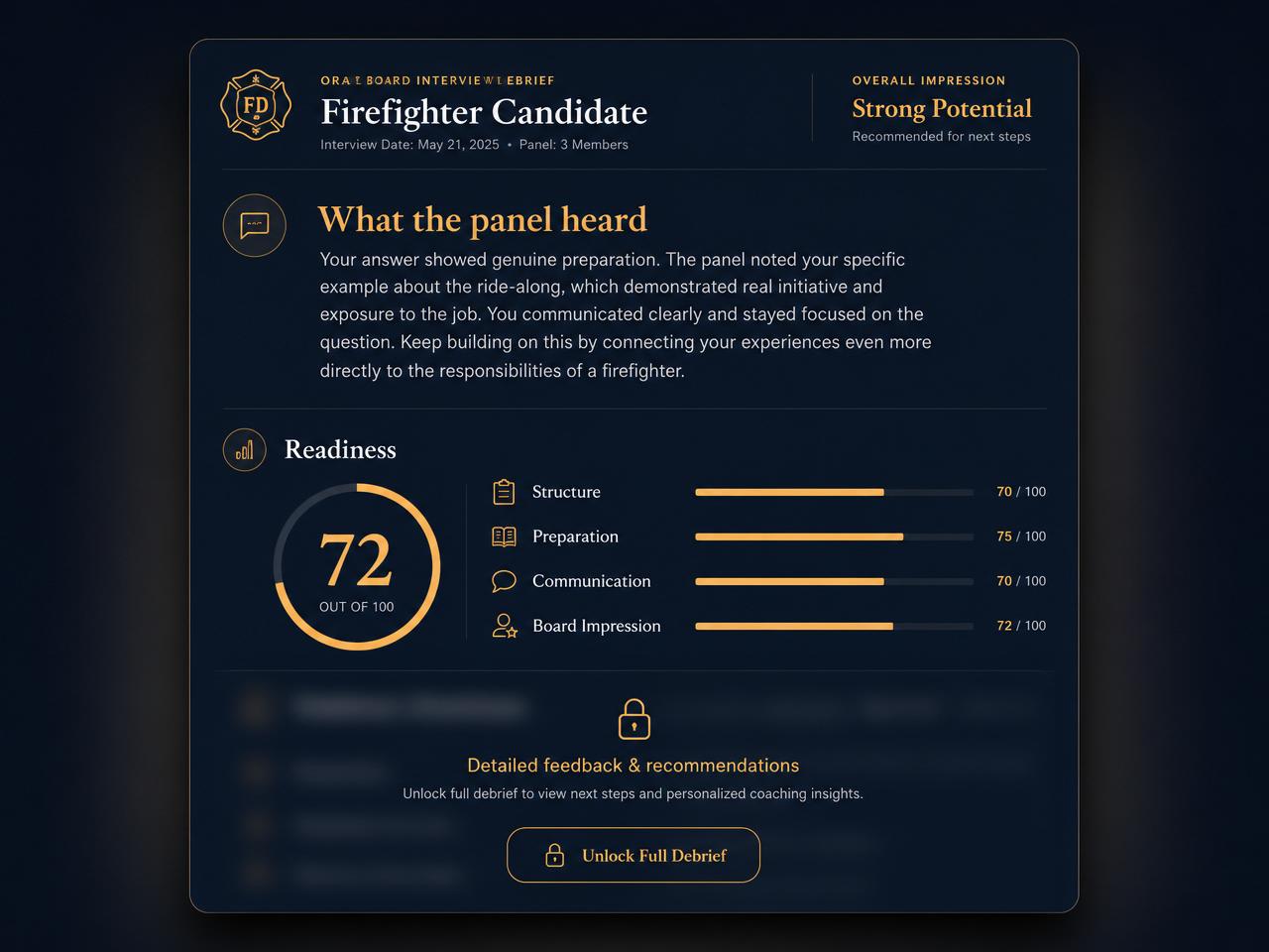 Preview of a firefighter oral board interview debrief with panel feedback and readiness scores